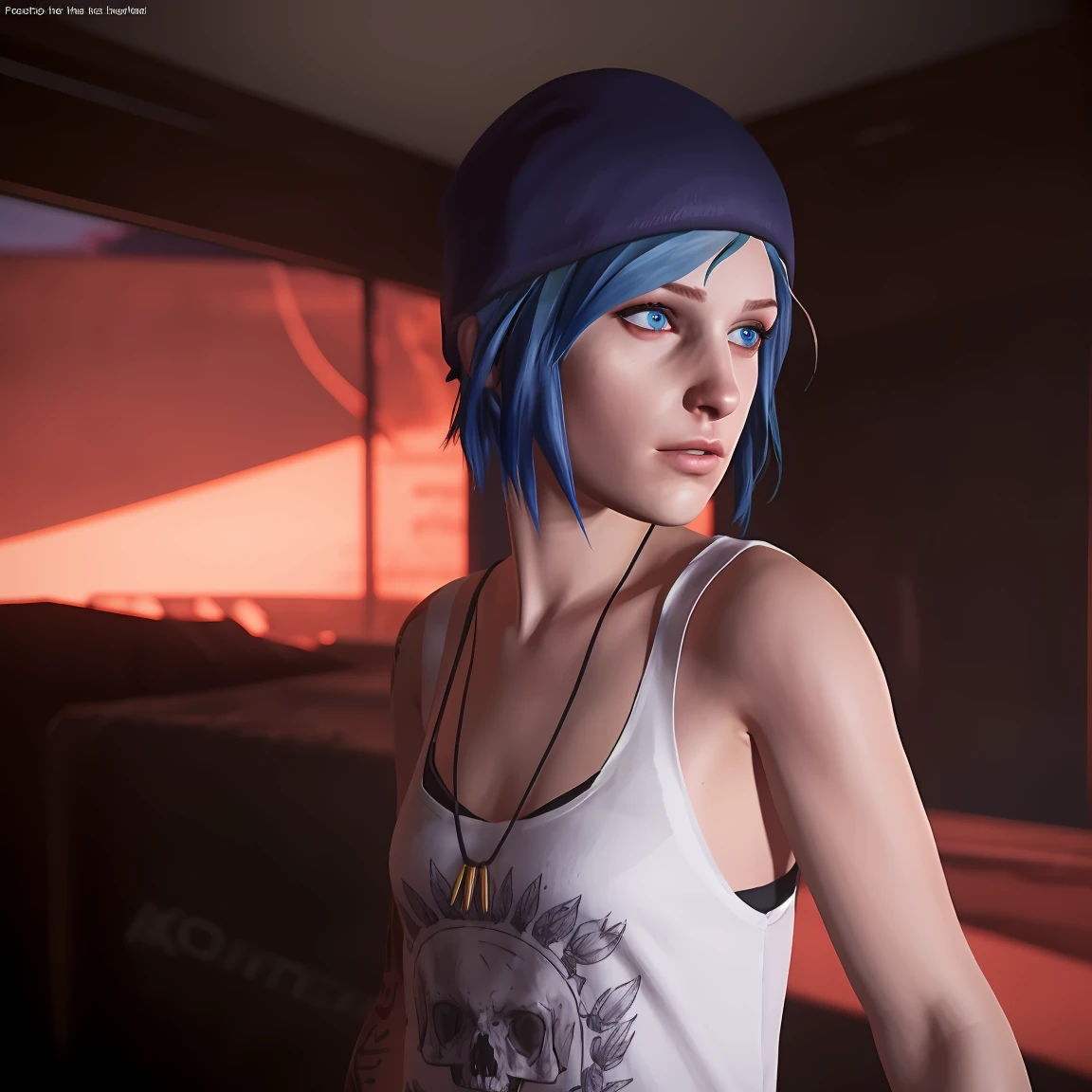 Best_QualityPos, RAW photo, intricate details, best quality, 8k uhd, soft lighting, 1girl, solo, chloe price, blue hair, blue eyes, arm tattoo, short hair, hat, white tank top 