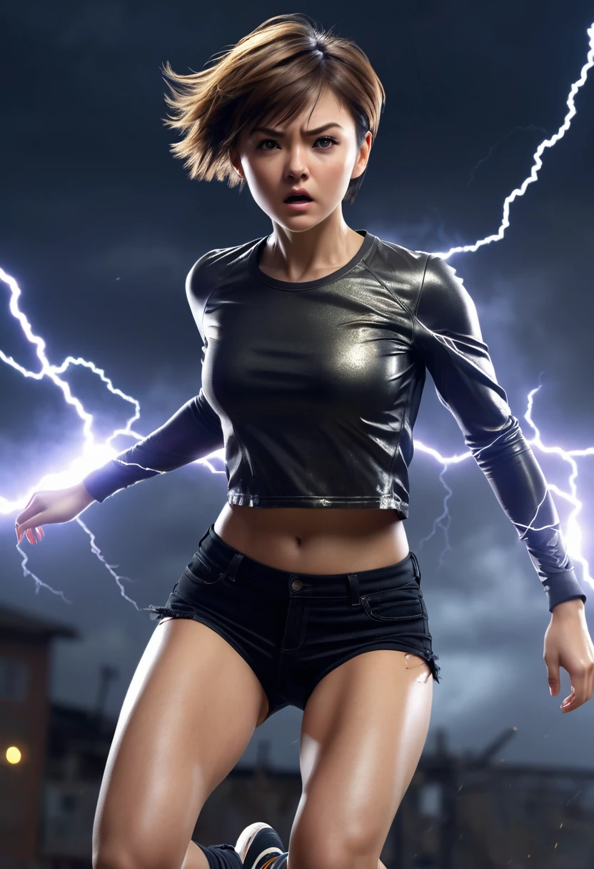 (masterpiece)(accurate)(perfect anatomy) photo realistic, 1girl, jumping stance, sport outfit, black_metallic_tight shirt, micro_crop top, tattered shirt (torn shirt 1.8), full torso, cinematic motion, serious expression, short hair, (motion blur 1.2) super detailed, twenty degrees side view, perfect eyes, unreal engine, epic realism, 8k, dramatic lightning, motion blur background