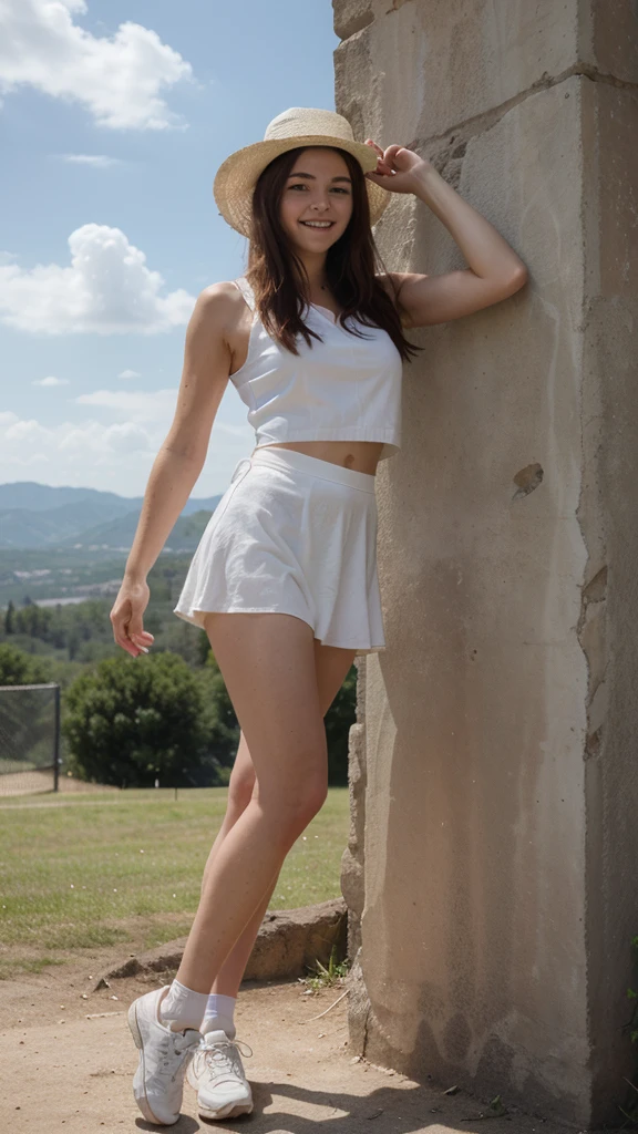 18-year-old girl similar to Chloë grace Moretz, smiling, waist-length red hair, disheveled and disheveled, wearing a white fedora hat, white sleeveless blouse, blue miniskirt, tennis shoes, no socks, tight clothing, posing on a frame of Ruined stone, probably part of an ancient construction. The stones are arranged so that they form walls of different heights. In the background you can see a mountainous landscape under a clear sky with some clouds. As for the type of lighting, the photo appears to be taken during the day in direct sunlight. This can be inferred from the defined shadows and bright light illuminating the stones and ground, as well as the clear blue sky. super realistic, perfect body, correct proportions and perspectives, masterpiece, direct sunlight