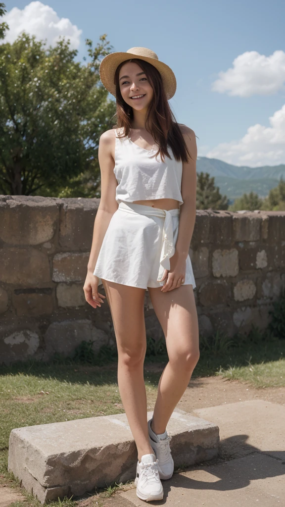 18-year-old girl similar to Chloë grace Moretz, smiling, waist-length red hair, disheveled and disheveled, wearing a white fedora hat, white sleeveless blouse, blue miniskirt, tennis shoes, no socks, tight clothing, posing on a frame of Ruined stone, probably part of an ancient construction. The stones are arranged so that they form walls of different heights. In the background you can see a mountainous landscape under a clear sky with some clouds. As for the type of lighting, the photo appears to be taken during the day in direct sunlight. This can be inferred from the defined shadows and bright light illuminating the stones and ground, as well as the clear blue sky. super realistic, perfect body, correct proportions and perspectives, masterpiece, direct sunlight