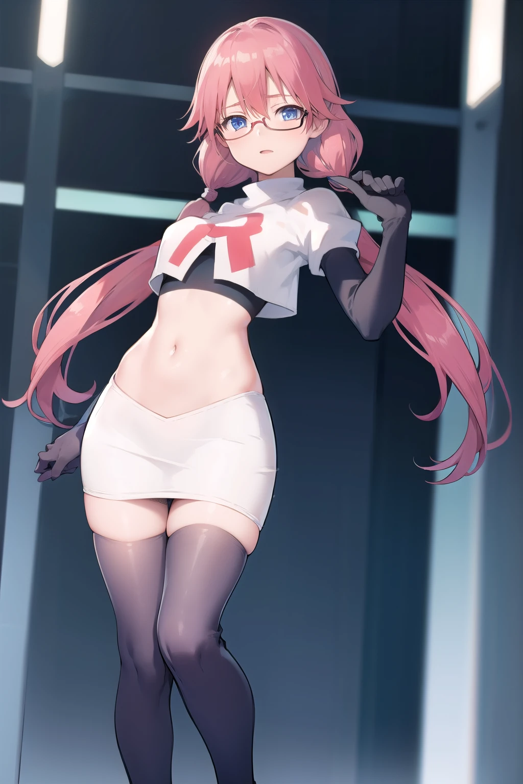 airisakura, airi sakura, blue eyes, glasses, long hair, pink hair, (low twintails:1.5),
BREAK glasses, team rocket,team rocket uniform,white skirt,red letter R,crop top,black thigh-highs,black elbow gloves,
BREAK looking at viewer, 
BREAK (masterpiece:1.2), best quality, high resolution, unity 8k wallpaper, (illustration:0.8), (beautiful detailed eyes:1.6), extremely detailed face, perfect lighting, extremely detailed CG, (perfect hands, perfect anatomy),