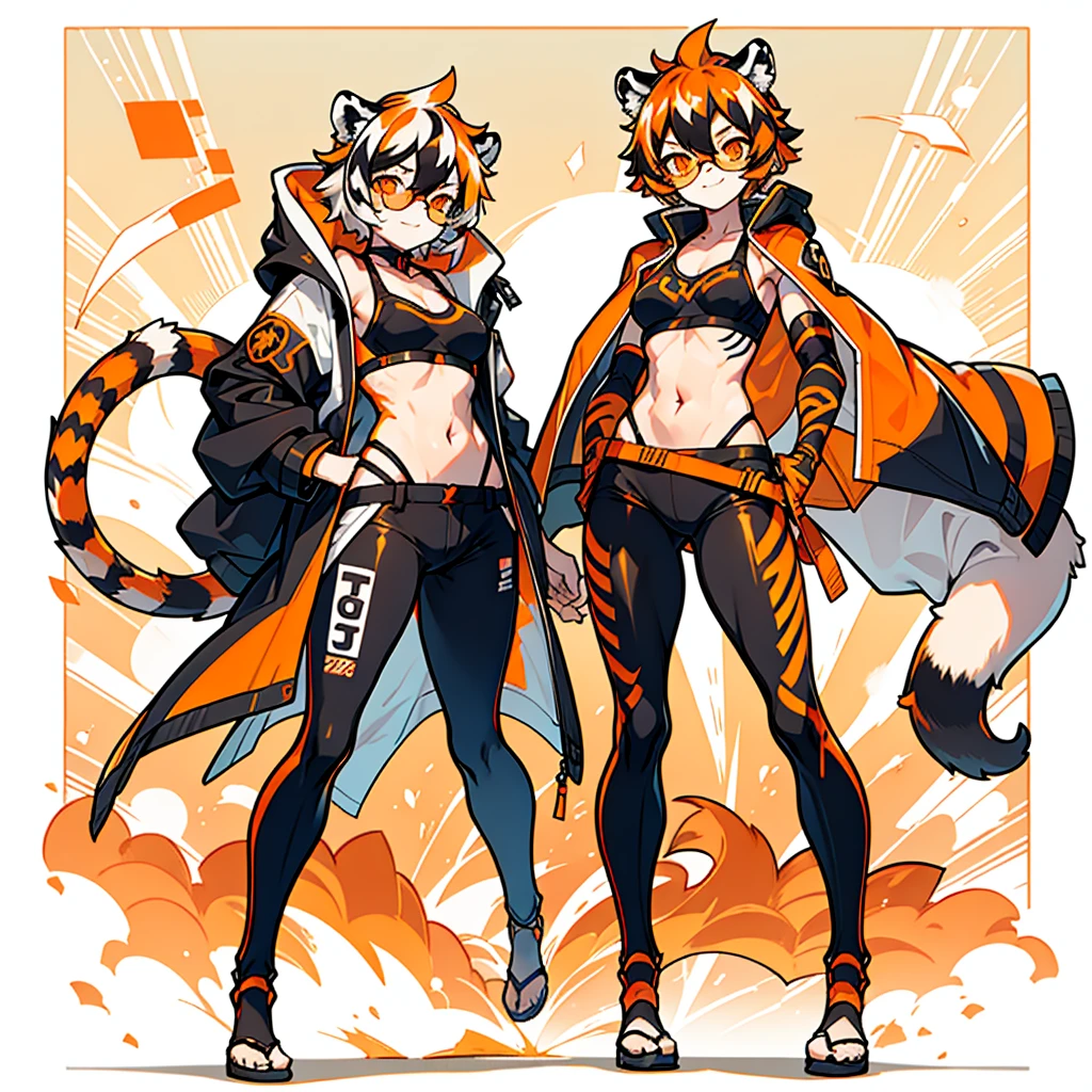 white background, full body, solo, Standing, heading up, proud , young girl, animal ears, arknights, white hair, black hair, round eyewear, glasses, OPPEIN, short hair, large breasts, muscle，tail, orange eyes, orange hair, multicolored hair, tiger girl, furry female, hair between eyes, tiger_ears, tiger_tail, waai_fu, orange-tinted_eyewear, tinted_eyewear, Sophorae, ワイフー, waai_fu_arknights, tattoo, petite, neck tattoo, big breasts, stomach tattoo, bra, panties, evil smile, Shadows under feet，text，