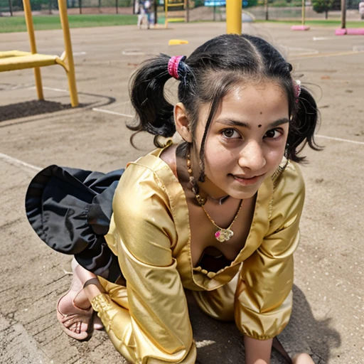 girl with medium length black hair, children's pigtails hair, Indian facial structure, shy expression, golden necklace, she wearing a ballerina suit, visible nipples, she in a playground, kneeling on the floor, top view