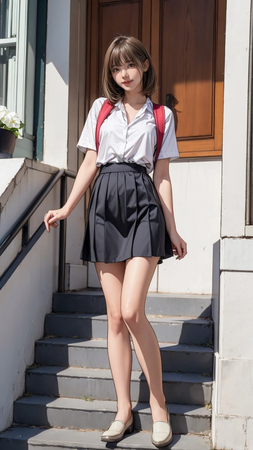 ((masterpiece)),(((Highest quality))),Thin thighs,Long legs,An 18-year-old woman standing on the steps of her school，Japan  uniform:1.5，White camellia floral lace bra:1.5,open chest white shirt，The best smile,Short blonde hair:1.5，short side wave，Carrying a black backpack，Wear black loafers，