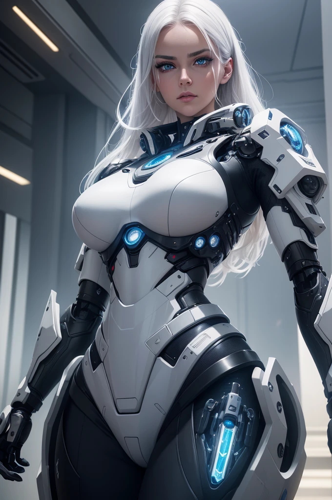 a close-up of a person in a full body suit with a gun, thickness glatte Warframe-Oberschenkel, Neon edges on the underside of the body, extremely detailed skin, thickness, smooth Warframe legs, thickness Warframe-Beine, biomechanical oppai, wlop shiny skin, cyberpunk oppai, cyborg tech on body and legs, translucent neon skin, gynoid cyborg body, long white hair