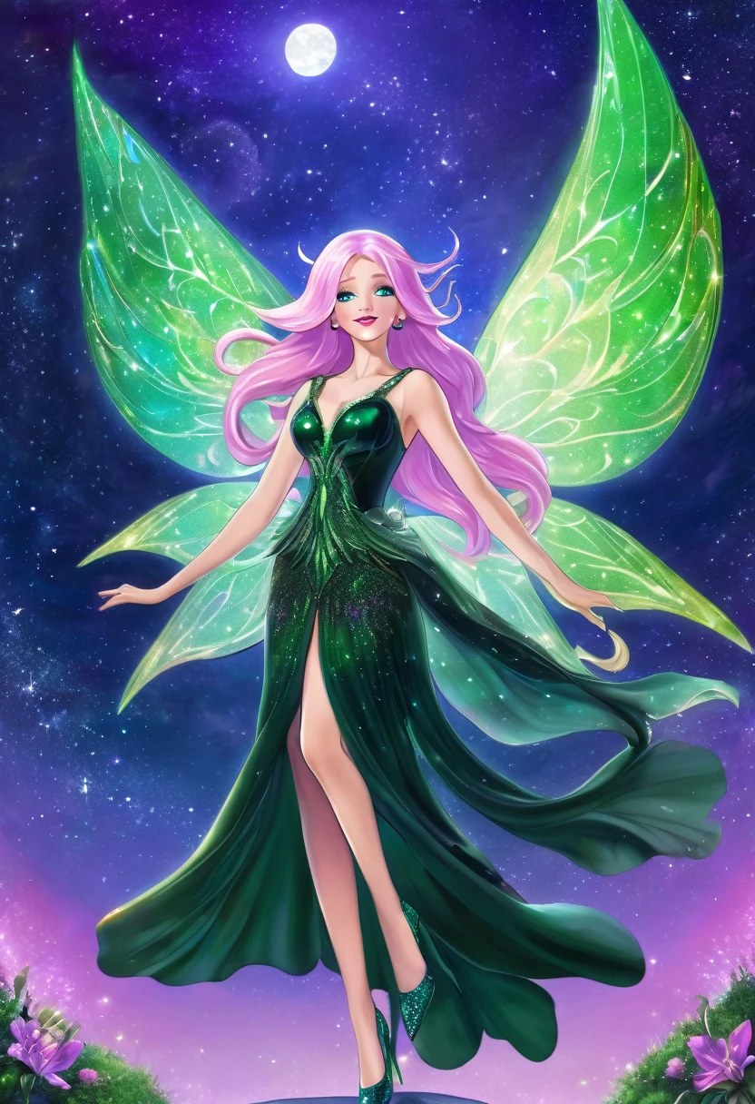 a mature elegant woman with long light pink hair and clear blue eyes, wearing a dark green sparkling elegant dress with a nature-inspired appearance, wearing bright purple high heels, with prismatic purple, green and white fairy wings, wearing pink lipstick, flying in the night sky with a bright moon, accumulating a glowing green energy