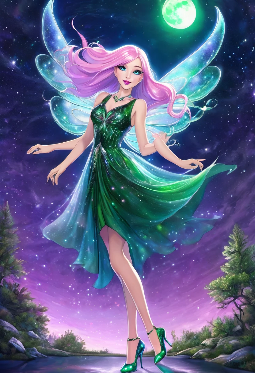 a mature elegant woman with long light pink hair and clear blue eyes, wearing a dark green sparkling elegant dress with a nature-inspired appearance, wearing bright purple high heels, with prismatic purple, green and white fairy wings, wearing pink lipstick, flying in the night sky with a bright moon, accumulating a glowing green energy