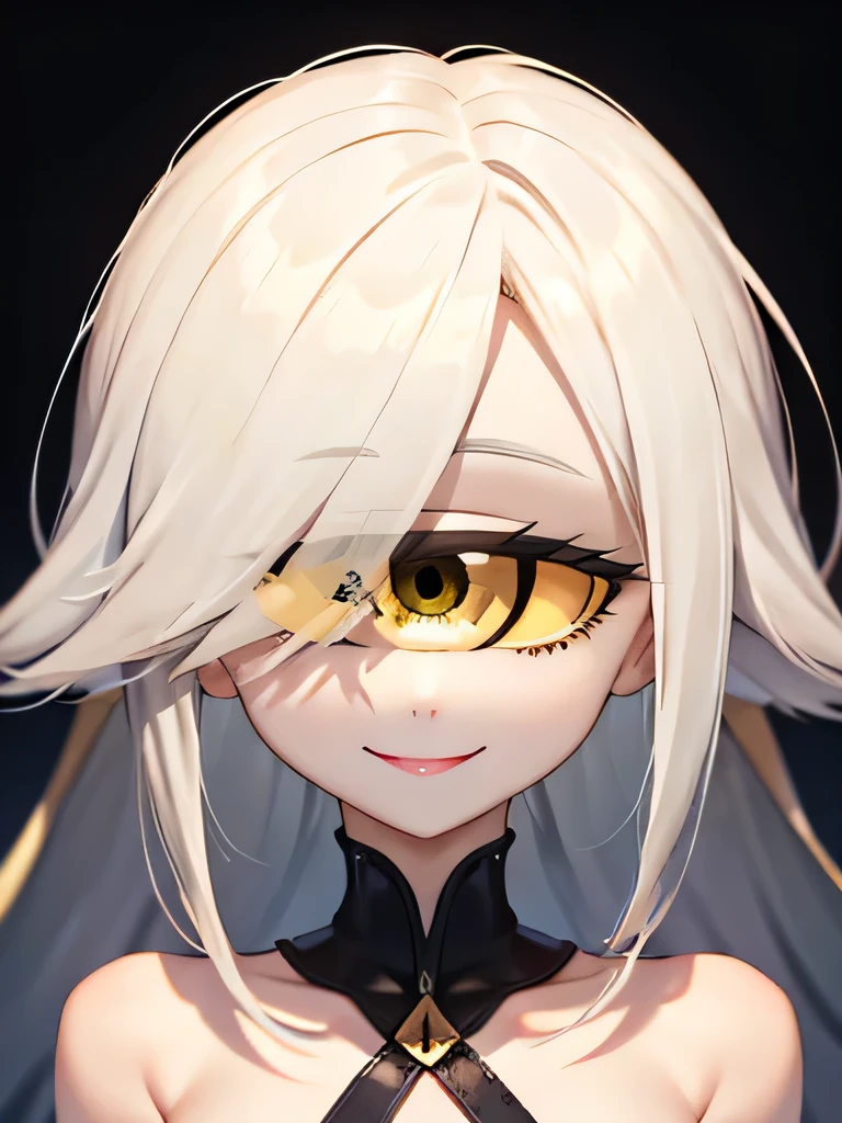 Yellow hair, white hair fade, white skin, yellow eyes, spiky hair, sharp hair, long hair, no bangs, cheery, happy, short, standing, black background, naked, nude, portrait, upper body, face only, closeup, close up, 1 eye, one eye, 1 pupil, one pupil, white scalera, smiling, eye widened, excited