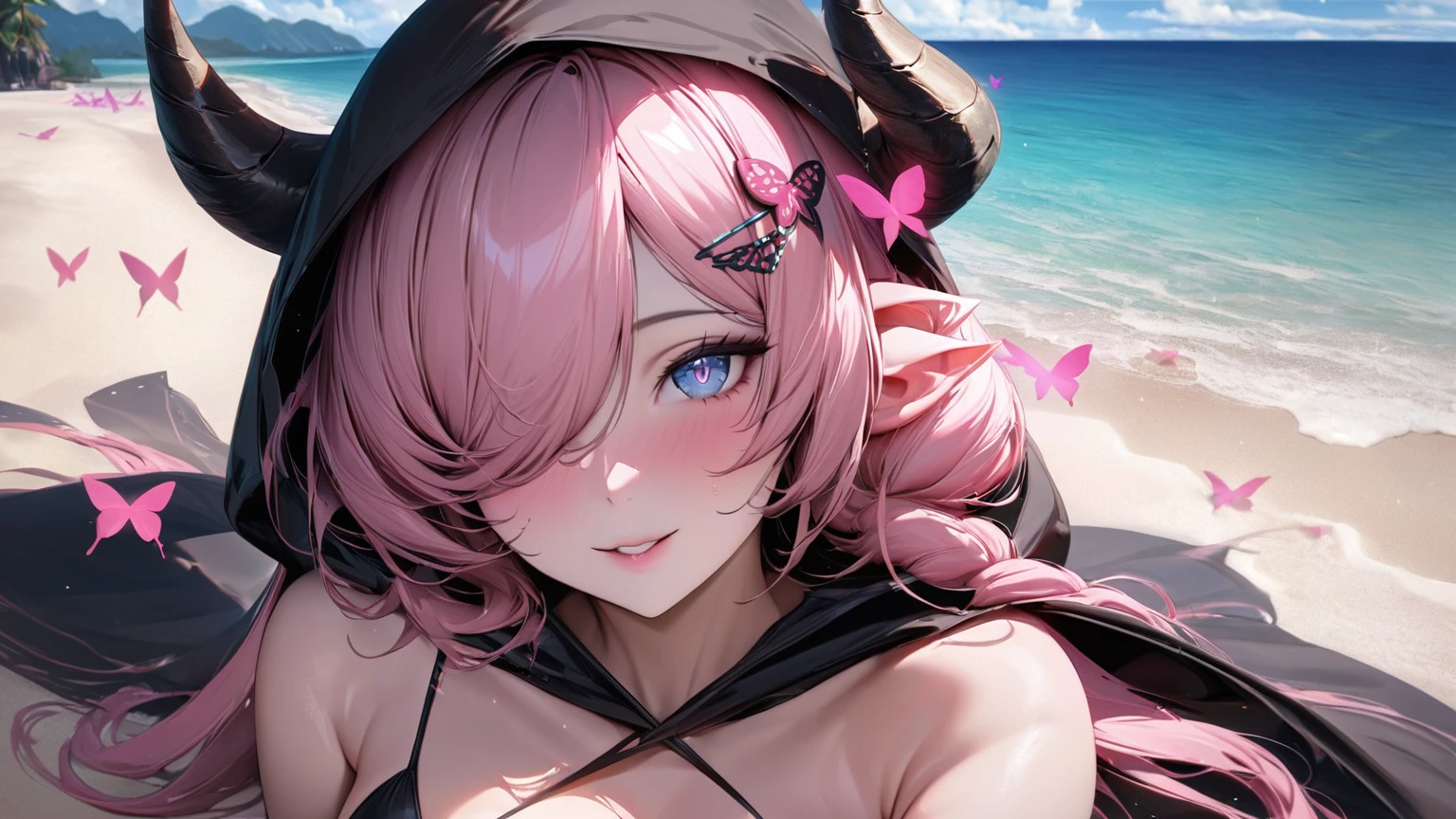 Narmeya stands wearing a black bikini and black hooded cloak on the sands of a private beach. She's smiling at you lovingly. Ethereal pink butterflies float in the background. In the background of this gorgeous and soothing image is an unoccupied white sand beach with a tranquil and mesmerizing ocean visible behind Narmaya. The image is extremely detailed with perfected anatomy. The lighting highlights her body in ways that arouses the viewer. Her expression is extremely seductive and confident. The image is life-like and semi-realistic. Extreme detail has been put into the shading.

(masterpiece), best quality, expressive eyes, perfect face, ocean background, white sand beach, private beach, ethereal pink butterflies, seductive, erotic, 8k, absurdres, narmaya, pink hair, blue eye with pink pupil, hair over eye, draph, horns, butterfly hair clip,