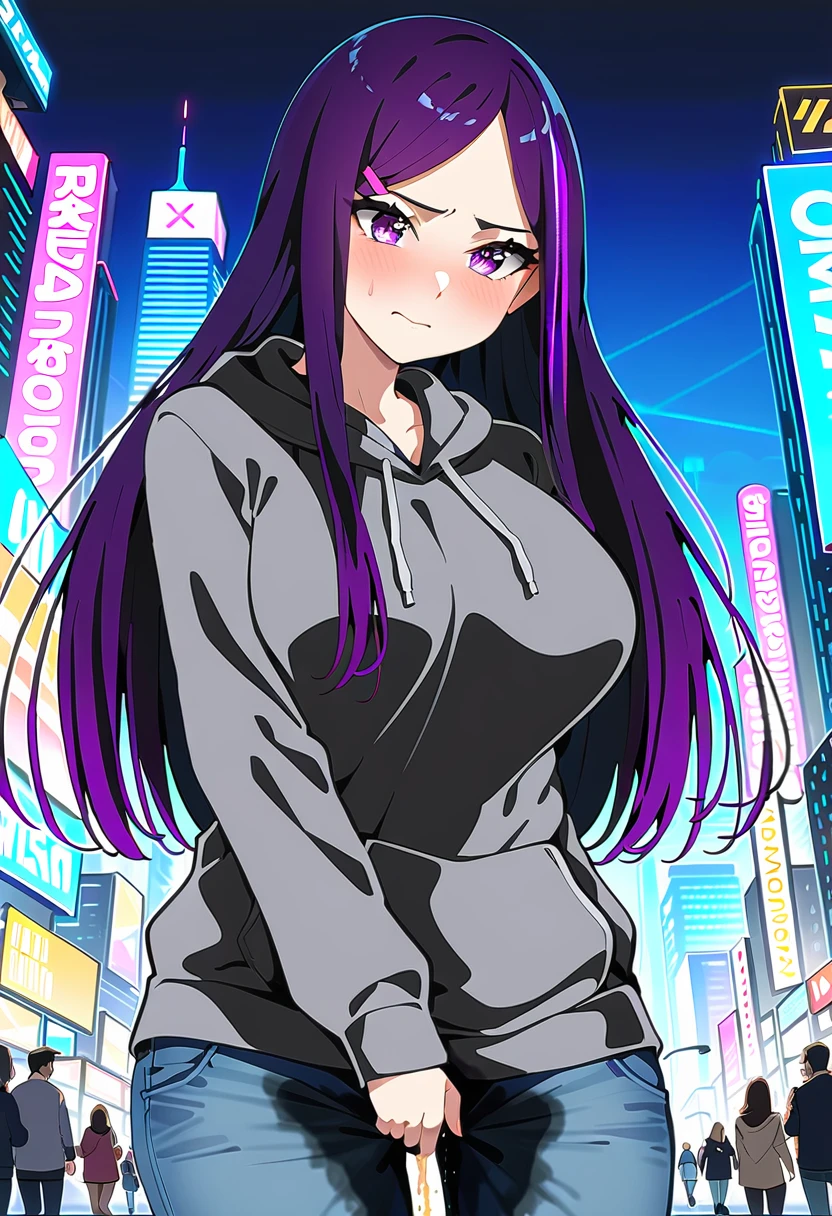 (masterpiece:1.37), best quality, (extremely detailed:1.37), woman, mature, adult, large breasts, (very long hair:1.5), dark purple hair, purple eyes, (extremely detailed eyes:1.37), hoodie, jeans, desperation, (wetting: self 3.0), standing, city, futuristic, neon lighting, high-tech