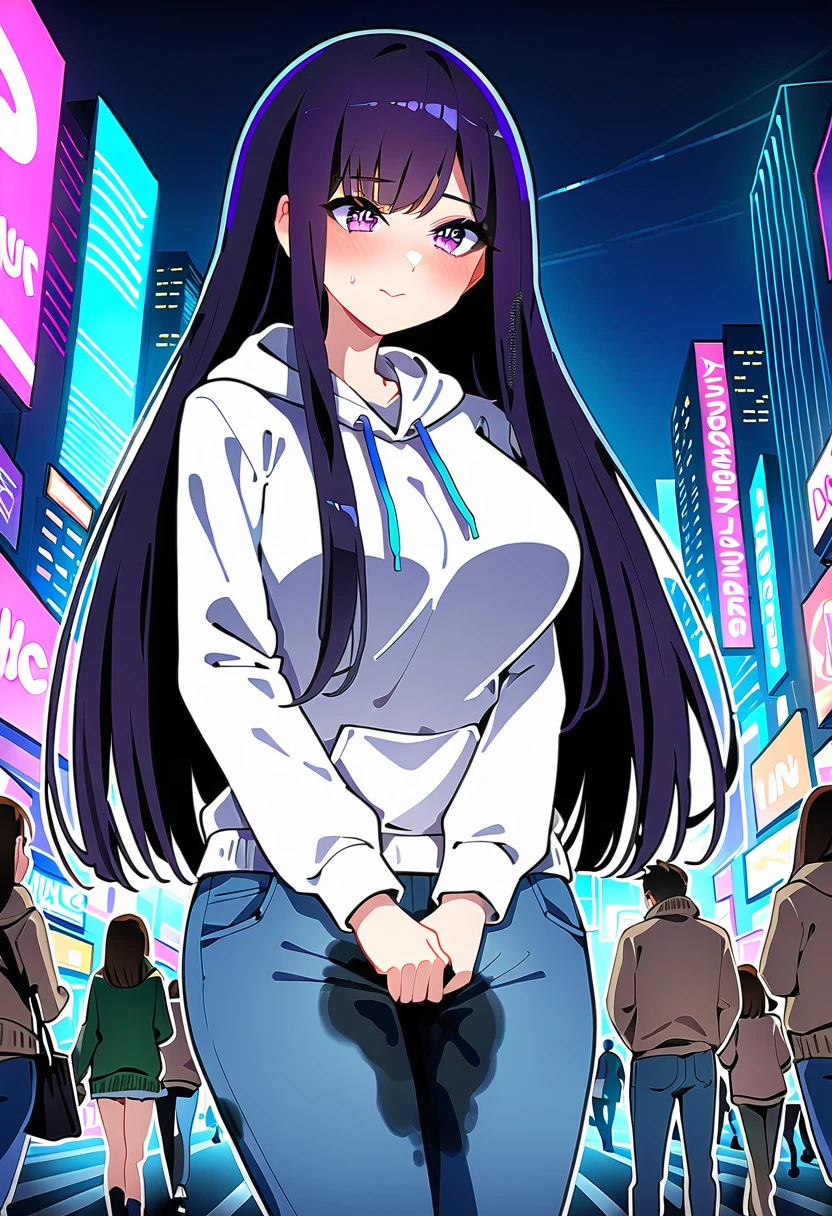 (masterpiece:1.37), best quality, (extremely detailed:1.37), woman, mature, adult, large breasts, very long hair, (straight hair:1.5), dark purple hair, purple eyes, (extremely detailed eyes:1.37), hoodie, jeans, desperation, (wetting: self 3.0), standing, embarrassed, humiliation, blushing, angry, city, futuristic, neon lighting, high-tech, street