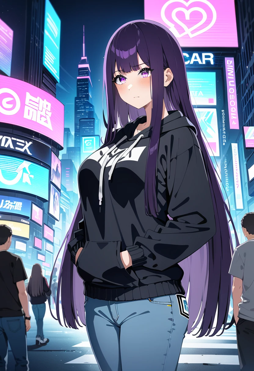 (masterpiece:1.37), best quality, (extremely detailed:1.37), (1girl:1.5), woman, (mature:1.5), (adult:1.5), large breasts, very long hair, (straight hair:1.5), (very dark purple hair:1.5), purple eyes, (extremely detailed eyes:1.37), hoodie, jeans, desperation, (wetting self:1.5), standing, embarrassed, humiliation, blushing, angry, city, futuristic, neon lighting, high-tech, street, skyscraper