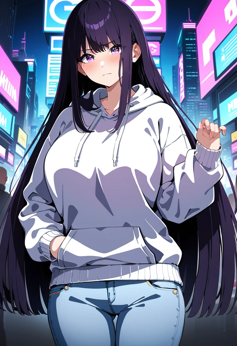 (masterpiece:1.37), best quality, (extremely detailed:1.37), woman, (mature:1.5), (adult:1.5), large breasts, very long hair, (straight hair:1.5), dark purple hair, purple eyes, (extremely detailed eyes:1.37), hoodie, jeans, desperation, wetting self, standing, embarrassed, humiliation, blushing, angry, city, futuristic, neon lighting, high-tech, street