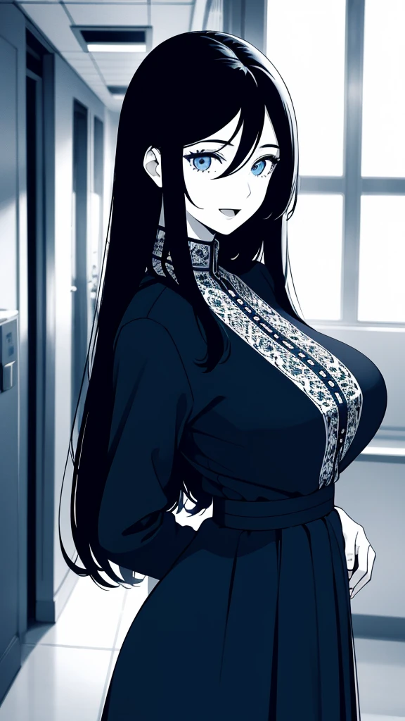 (masterpiece), (best quality), (ultra-detailed), ((girl, 29 years old)), an extremely delicate and beautiful, detailed eyes, minute details, (black hair, long hair, straight hair, hair between eyes), ((big breasts)), smile, open mouth, ((beautiful eyes)), (blue eyes), (upper body), she is wearing a blue dress, (detailed clothes), (detailed background, in a hospital, hospital hallway), (monochrome)
