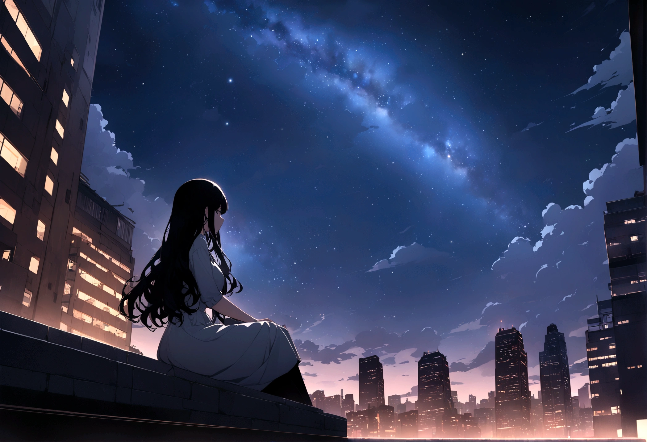 masterpiece, null, star (null), scenery, starnull, night, One girl, night null, alone, Outdoor, building, cloud, milky way, Sitting, wood, Long Hair, city, silhouette, cityscape,masterpiece,32k