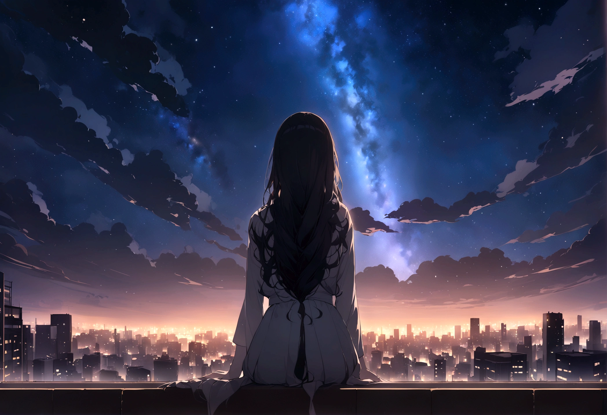 
masterpiece, null, star (null), scenery, starnull, night, One girl, night null, alone, Outdoor, building, cloud, milky way, Sitting, wood, Long Hair, city, silhouette, cityscape,masterpiece,32k