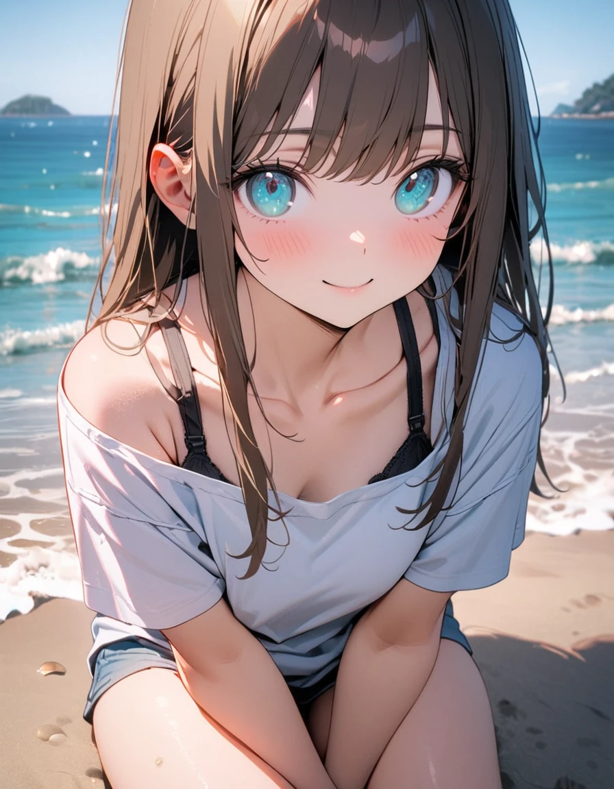 (8K, best quality, master piece: 1.2), super high resolution,1 cute girl,solo,16yo,ultra-detailed face,detailed eyes,aqua eyes,smile,brown hair,Straight hair,Long hair,perfect hands, perfect fingers,v arms,hand between legs,hot pants,nape collarbone black bra strap,(loose clothes white t-shirt:1.1),Professional lighting,blue sky,Sea side,crabs on the beach,clear water