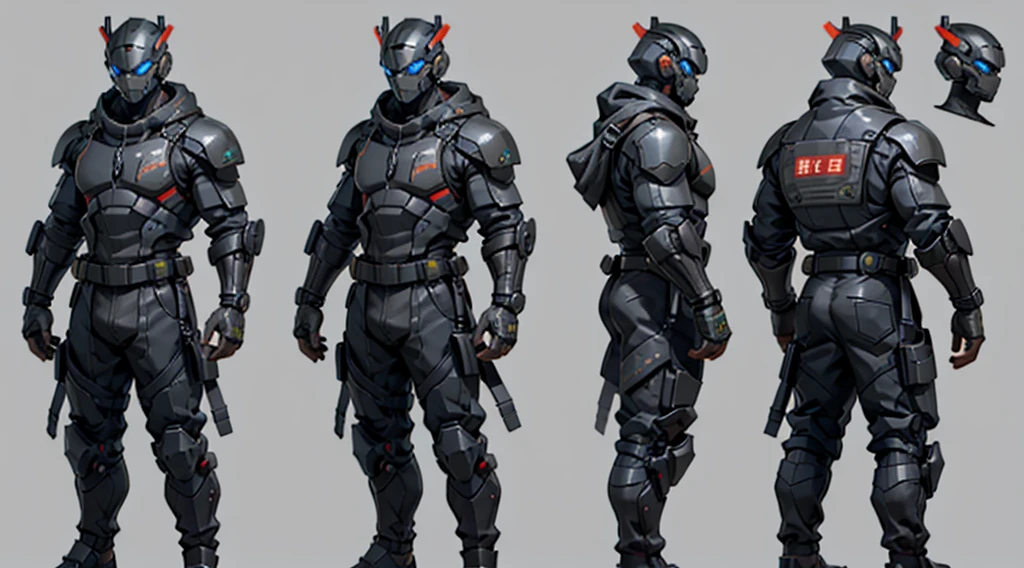 Character design sheet、male、Black combat uniform、Body Armor、Powered Suit、Full Face Mask、cyber punk