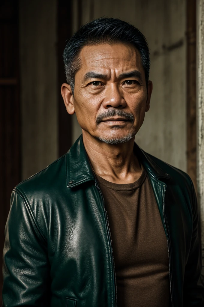 make character of my action film and his name is " Jim ". This man is filipino in age of 53, but his face or posture is not old, and attractive because of nose and eyebrow. Wearing leather jacket color dark green and holding pistol. The facial expression of this man is normal, not smiling, not sad. 