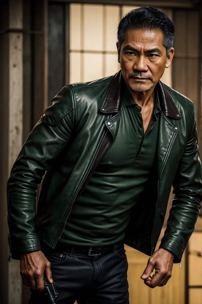 make character of my action film and his name is " Jim ". This man is filipino in age of 53, but his face or posture is not old, and attractive because of nose and eyebrow. Wearing leather jacket color dark green and holding pistol. The facial expression of this man is normal, not smiling, not sad. 