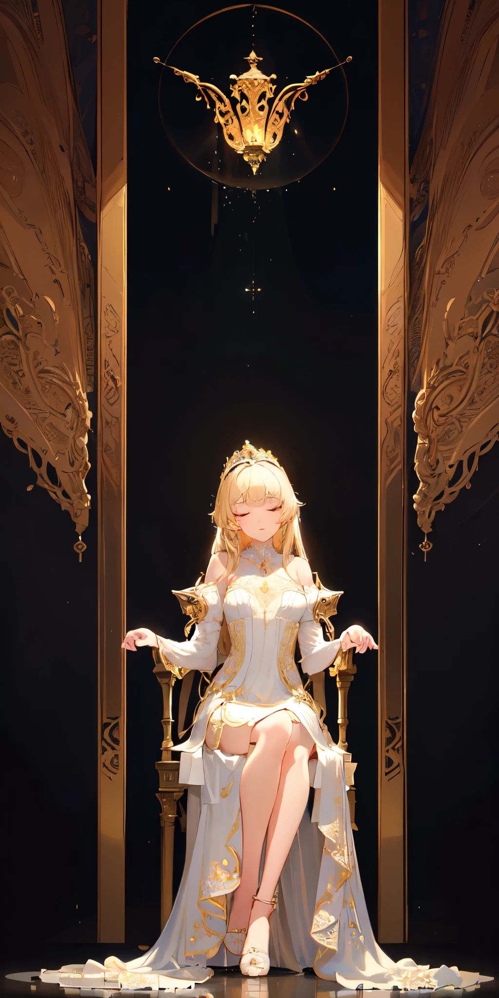 (Masterpiece:1.2), best quality, (illustration:1.2), (ultra-detailed), hyper details, (delicate detailed), (intricate details), (cinematic light, best quality Backlights), clear line, from below, soloist, perfect body, (1girl), blonde hair and yellow eyes, (princess, long dress clothes), sitting on the throne, eyes slightly closed, head down, (shy: 1.2 ), (makeup), high contrast, (best illumination, an extremely create and beautiful), (cinematic light), colorful,