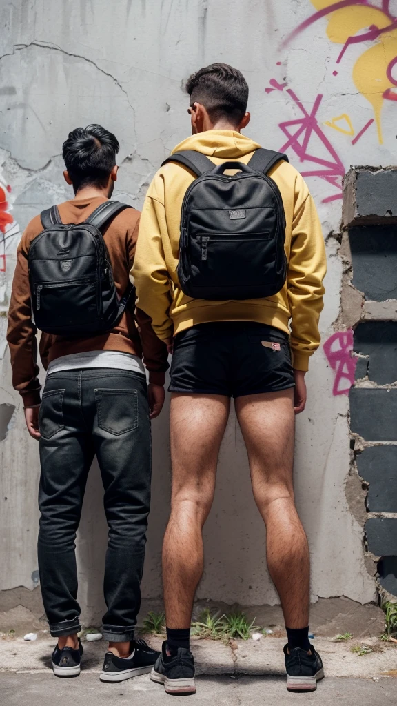 (Foto RAW de cuerpo intero), (two men with their backs turned) (naked ass) (show their ass) withtra una (pared de withcreto with grafiti). They both carry (backpacks) and (Casual clothes). The man on the left wears a (brown sweatshirt) and (black shorts). The man on the right is wearing a (colorful jacket) and (black shorts). The wall shows a (detailed graffiti of a male face) in (warm tones) with (an orange hat). (Piso de ceminto agrietado), (vegetation on the edge of the wall), (8k hd), (DSLR), (natural lighting), (high quality), (film grain), (Fujifilm XT3), (cuerpo intero), (back view).