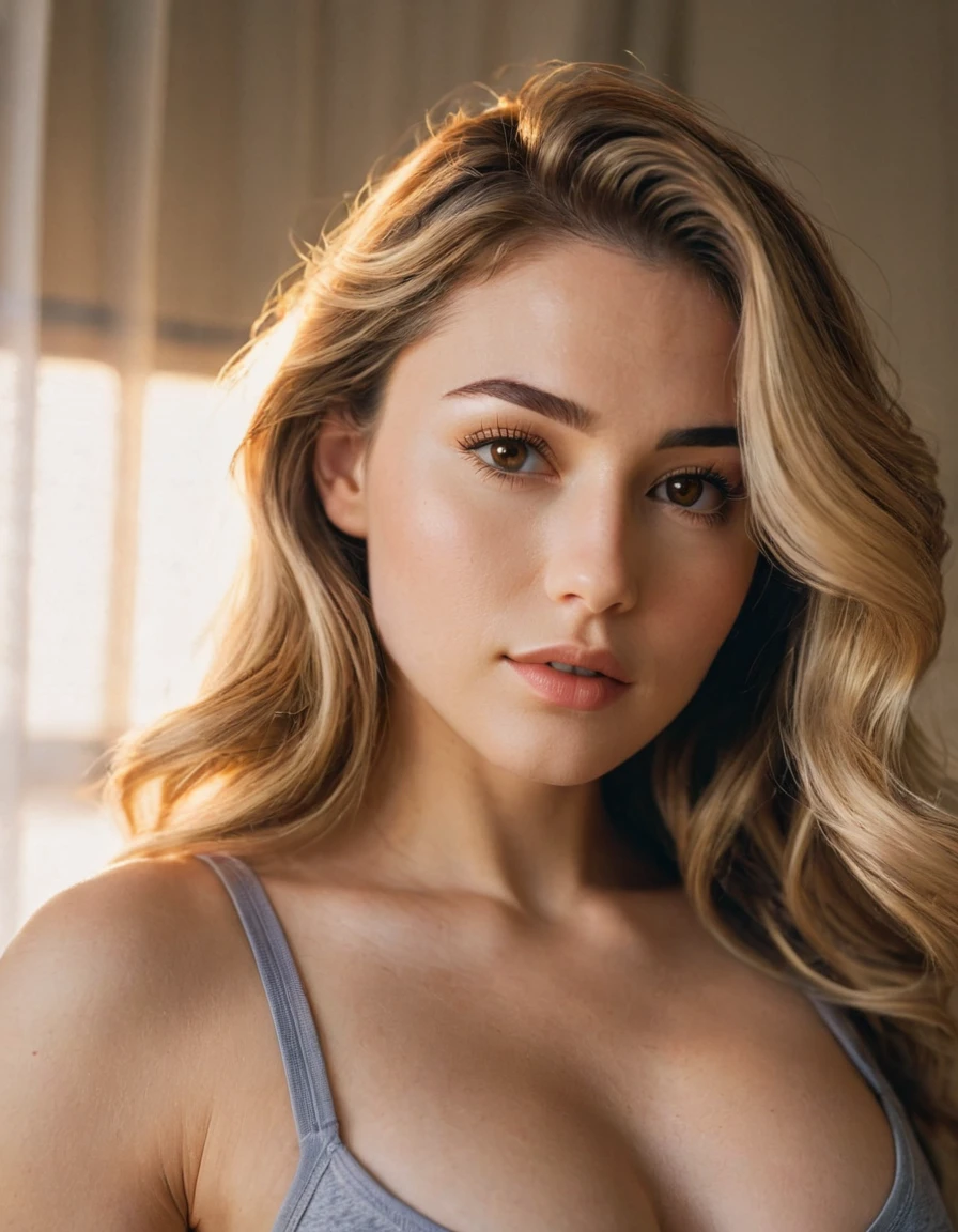 Best quality,high resolution,8k masterpiece, atmosphere, golden hour light:1.3, bright light hard light:1.2, fuji color:1.5, film grain, left side profile camera shot:1.5,
Atractive woman, 22 year old, delicate occidental features, aureal proportion:1.5, slight wavy brown hair with few blonde lights:1.4, thick sexy eyebrows:1.4, long eyelashes:1.3,deep eye look:1.3, (real skin texture:1.3), medium thick lips :1.3, brown golden eyes :1.5, getting ready on her bedroom:1.5, indoor , gym outfit:1.4, high contrast .
