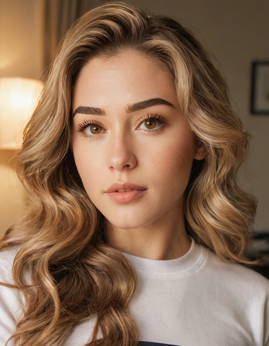 Best quality,high resolution,8k masterpiece, atmosphere, golden hour light:1.3, bright light hard light:1.2, fuji color:1.5, film grain, left side profile camera shot:1.5,
Atractive woman, 22 year old, delicate occidental features, aureal proportion:1.5, slight wavy brown hair with few blonde lights:1.4, thick sexy eyebrows:1.4, long eyelashes:1.3,deep eye look:1.3, (real skin texture:1.3), medium thick lips :1.3, brown golden eyes :1.5, getting ready on her bedroom:1.5, indoor , gym outfit:1.4, high contrast .