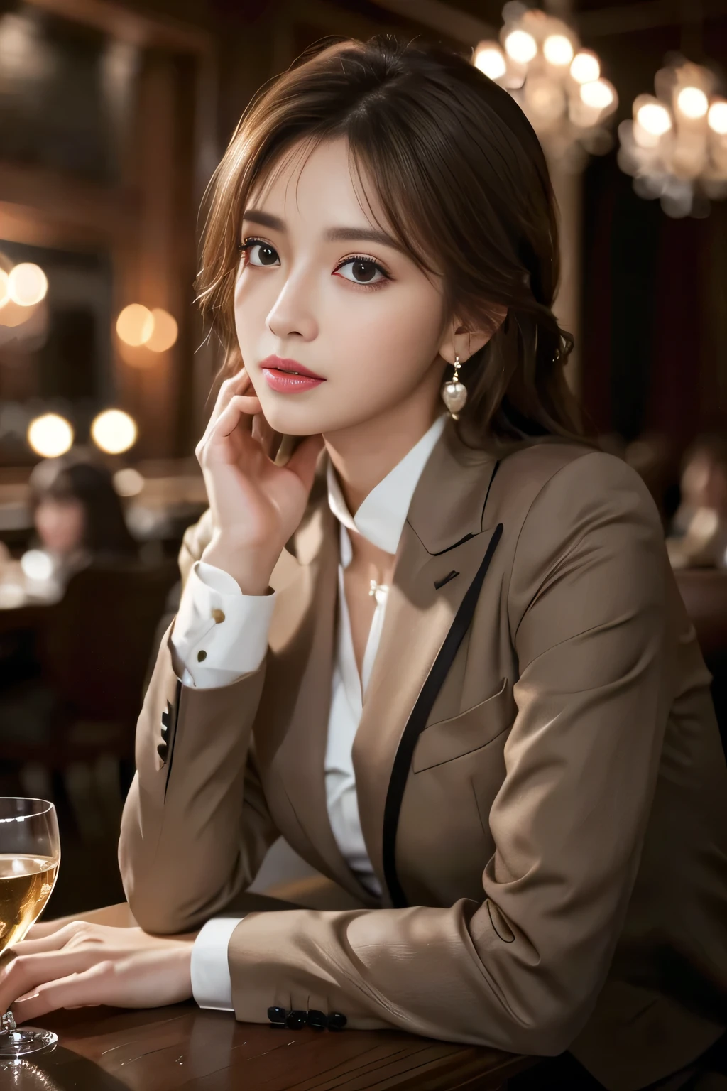 masterpiece, Highest quality, Realistic, Very detailed, Finer details, High resolution, 8k wallpaper, One beautiful woman, Wear a nice suit, In a great restaurant, At night, Light brown messy hair, Perfect dynamic composition, Beautiful and beautiful eyes、Big earrings、Sit on a chair、