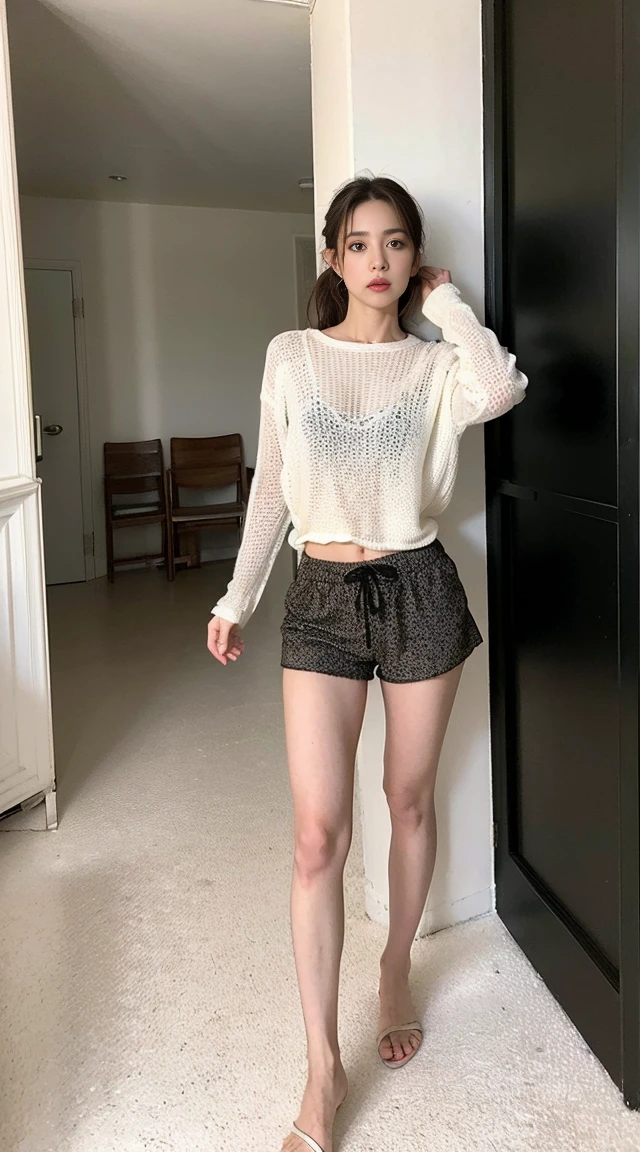 Dark brown hair、Light brown eyes、Japanese actress、 Lady、I am about 20 years old...........、(Intricate details:1.2)、 (Ultra-high resolution:1.2)、Ultra-high resolution、(Finely tuned)、(Detailed facial features)、Hmph、8K resolution、D cup size breasts、Long Hair、Bright terrace room with sunlight streaming in、Large windows、Extravagant space、relax、、,Full body photo、Head to toe shot、Beautiful feet、black Loose fit openwork T-shirt、Underwear shorts、Beautiful feet、Bright terrace room with sunlight streaming in、she, household items, (plant:0.8), Fashion Hub, Very detailed, Very detailed, Realistic, Hourglass Shaped Body, Obscene pose,、Messy Hair、Messy ponytail、Leaning against a wall、I cry a lot、tears、Skin is visible through the knit、White floor、White wall、A masterpiece of transparent painting、