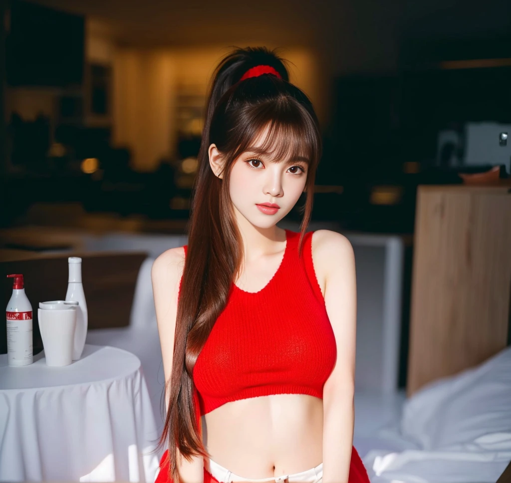 Close-up of a long-haired woman wearing a red sweater, The ponytail has bangs like Lisa's.),Anime girls in real life, Realistic young gravure idol, Close-up, realistic anime, beautiful korean girl, Attractive anime girl, Japanese girl,straight face, face focus), (Highest quality:1.4 3 D 8K, 45,000,000,000,pixels,),(Masterpiece:1.3),(sharp focus:1.2), (The ponytail has bangs like Lisa's.),glowing face, (Red cheeks:1.3), standing walking outdoors