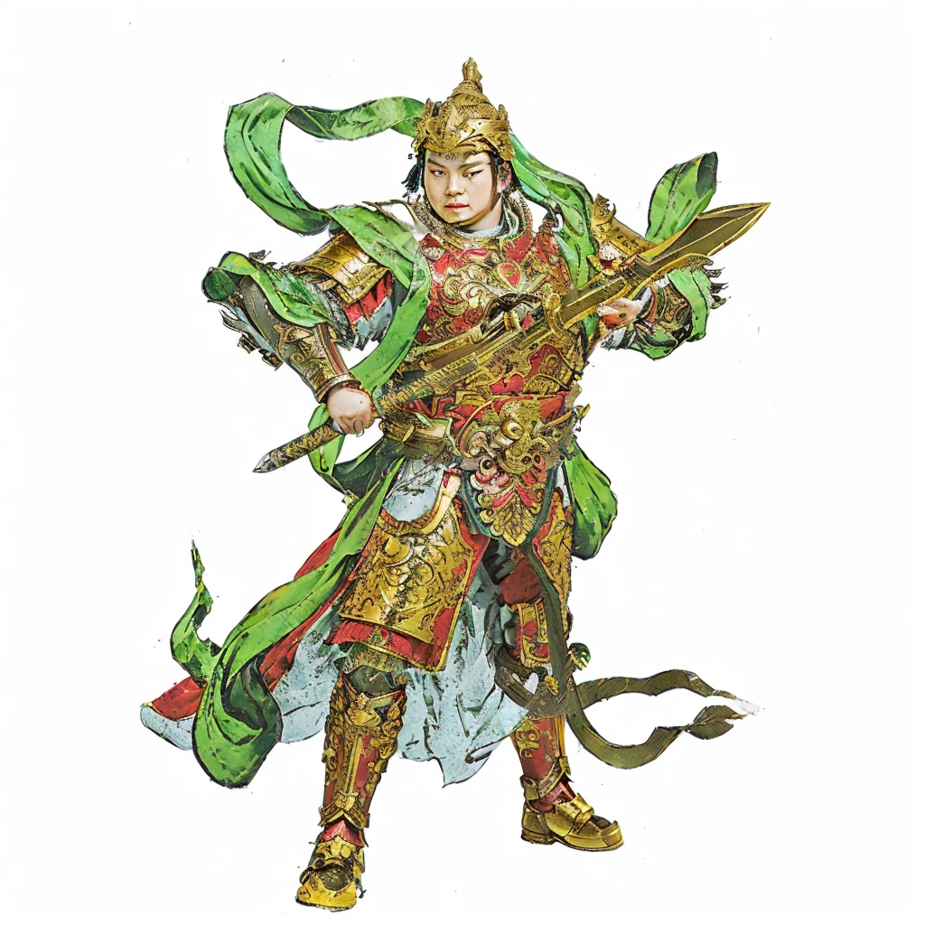 an ancient young chinese warrior with armour (gold and red color), holding a curvy sculpted sword, green deity ribbon, no beard, chubby face, big chin