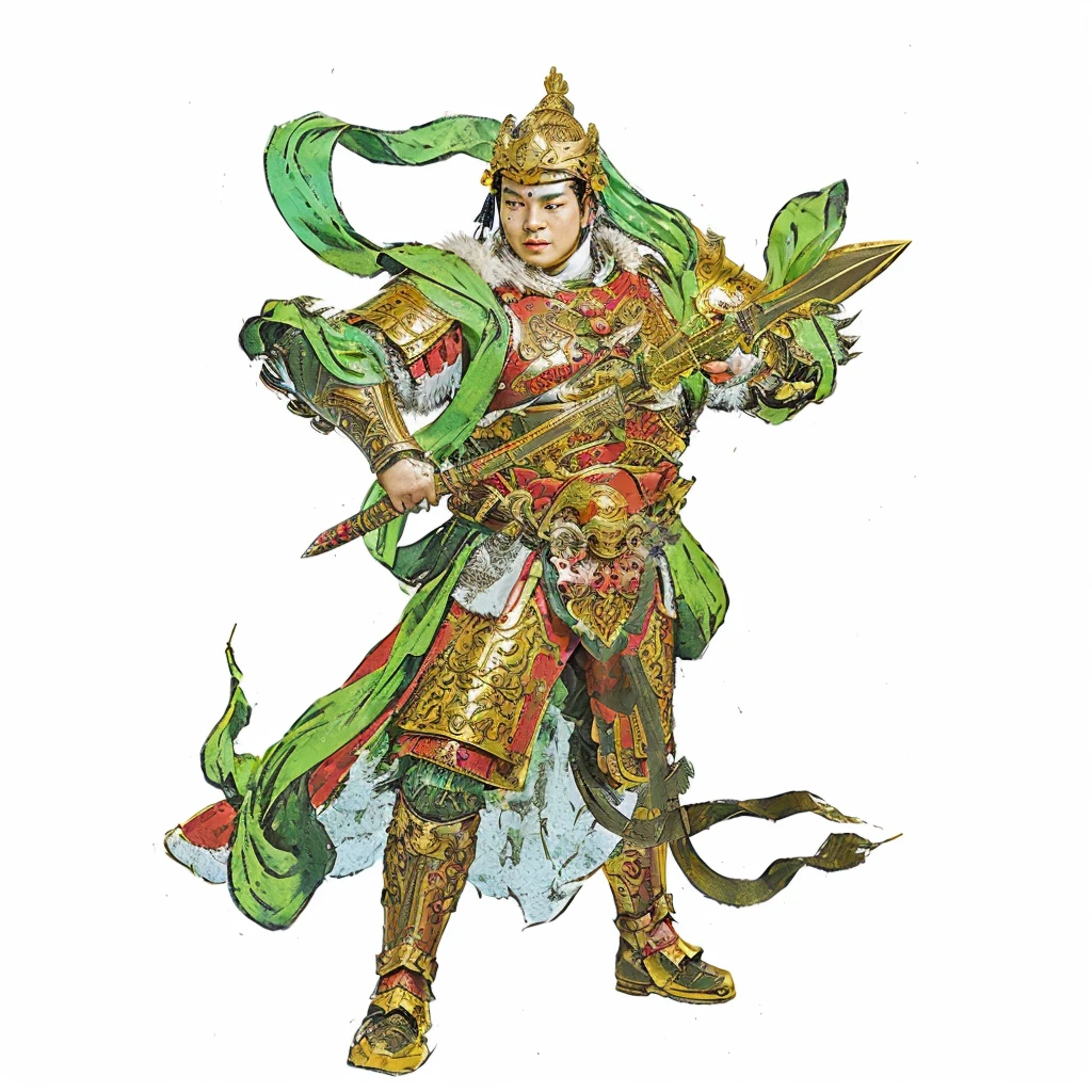 an ancient young chinese warrior with armour (gold and red color), holding a curvy sculpted sword, green deity ribbon, no beard, chubby face, big chin