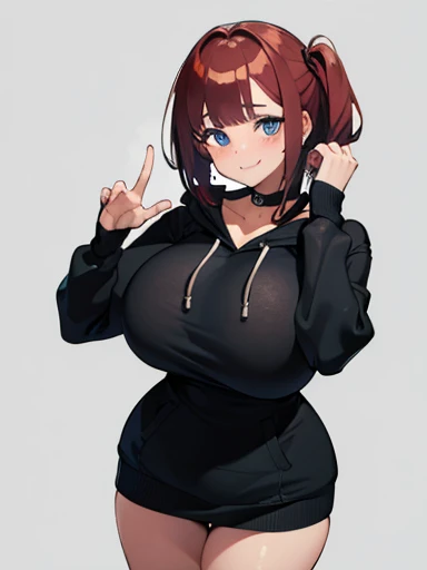 1 girl, redhead, Messy Full Fringe Hairstyle , blue eyes,shaped pupils, good sized breast,cute,smile,Happy,heavy breathing,trembling,put your hand on your face,tight black hoodie, choker, slightly chubby, thick thighs 