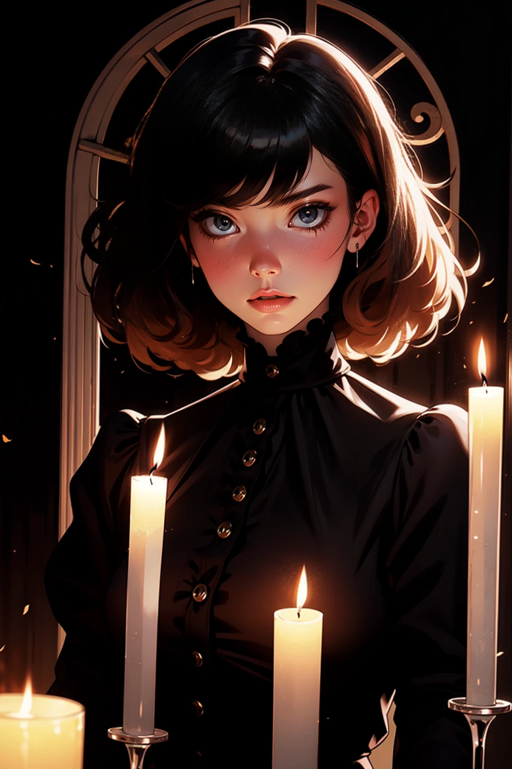 {-erro_de_anatomia:1.0} woman 30 years old, black victorian dress, brown eyes, black hair, short hair, bang, 1968s style, on the saloon, baile, looking at viwer, upper body, dark background, candles, witchcraft, dinamic poses, magic, potions, wearing red lipstik