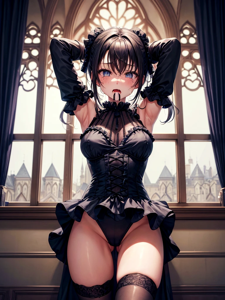 Highest quality,Highest Resolution,A beautiful girl in a gothic leotard crying,High leg,Frills,Very beautiful eyes,Standing posture,whole body,front,Place your hands behind your head.,(((Open your mouth and drool))),Tears,Bedroom,Night view outside the window,Knee-high stockings,