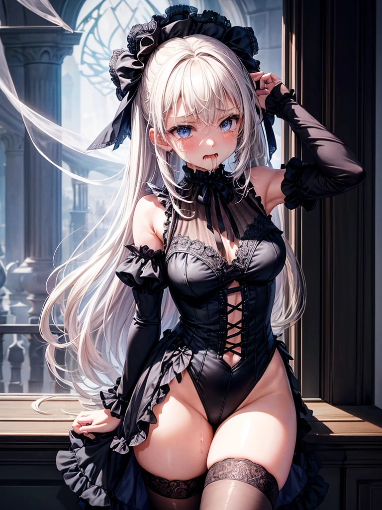 Highest quality,Highest Resolution,A beautiful girl in a gothic leotard crying,High leg,Frills,Very beautiful eyes,Standing posture,whole body,front,Place your hands behind your head.,(((Open your mouth and drool))),Tears,Bedroom,Night view outside the window,Knee-high stockings,