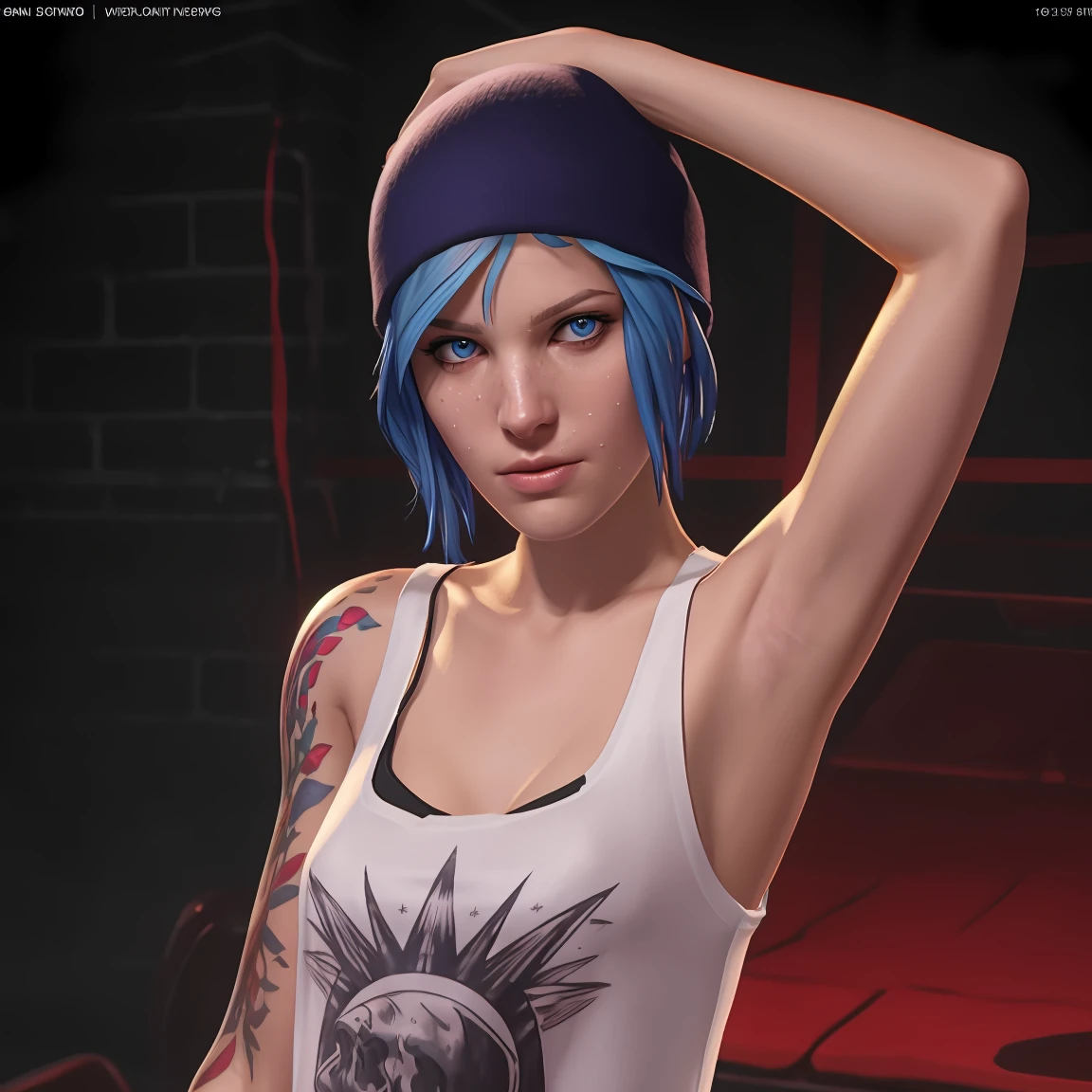 Best_QualityPos, RAW photo, intricate details, best quality, 8k uhd, soft lighting, 1girl, solo, chloe price, blue hair, blue eyes, arm tattoo, short hair, hat, white tank top, armpits, sweaty armpits