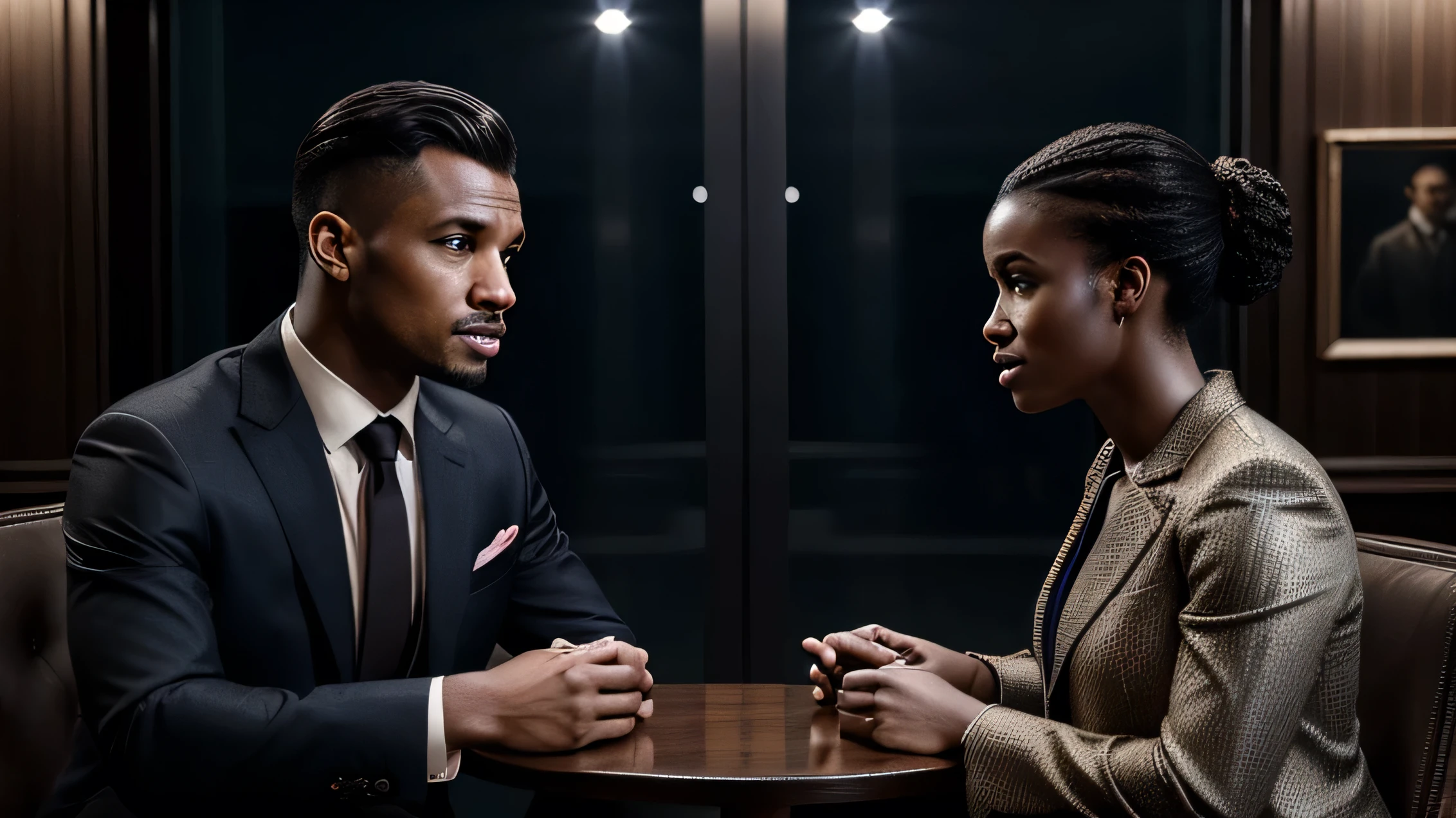 a well-dressed man and woman conversing, both displaying empathy towards each other, dramatic lighting, photorealistic, cinematic, intricate details, masterpiece