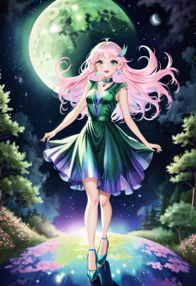 a mature elegant woman with long light pink hair and clear blue eyes, wearing a dark green sparkling elegant dress with a nature-inspired appearance, wearing bright purple high heels, with prismatic purple, green and white fairy wings, wearing pink lipstick, flying in the night sky with a bright moon, accumulating a glowing green energy