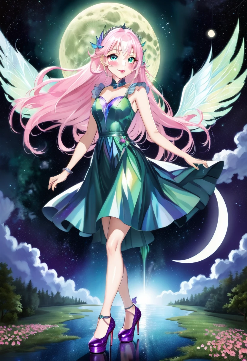 a mature elegant woman with long light pink hair and clear blue eyes, wearing a dark green sparkling elegant dress with a nature-inspired appearance, wearing bright purple high heels, with prismatic purple, green and white fairy wings, wearing pink lipstick, flying in the night sky with a bright moon, accumulating a glowing green energy