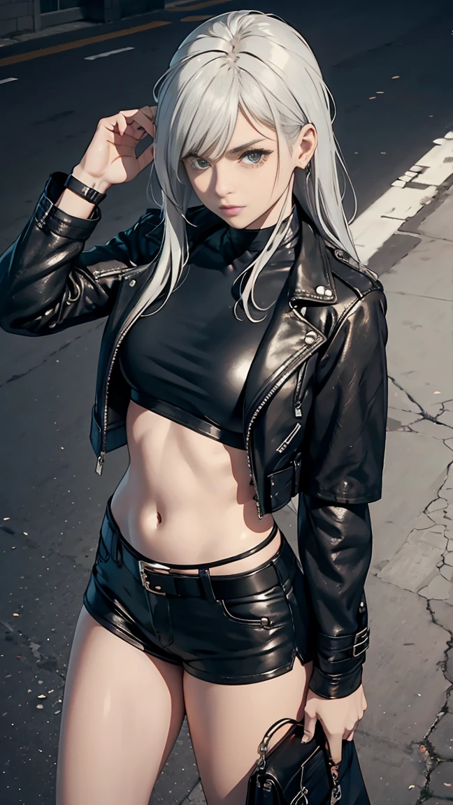 overhead view, 1 woman, leather short shorts, leather jacket, silver hair, long hair, wide hips, leaning to the side, street