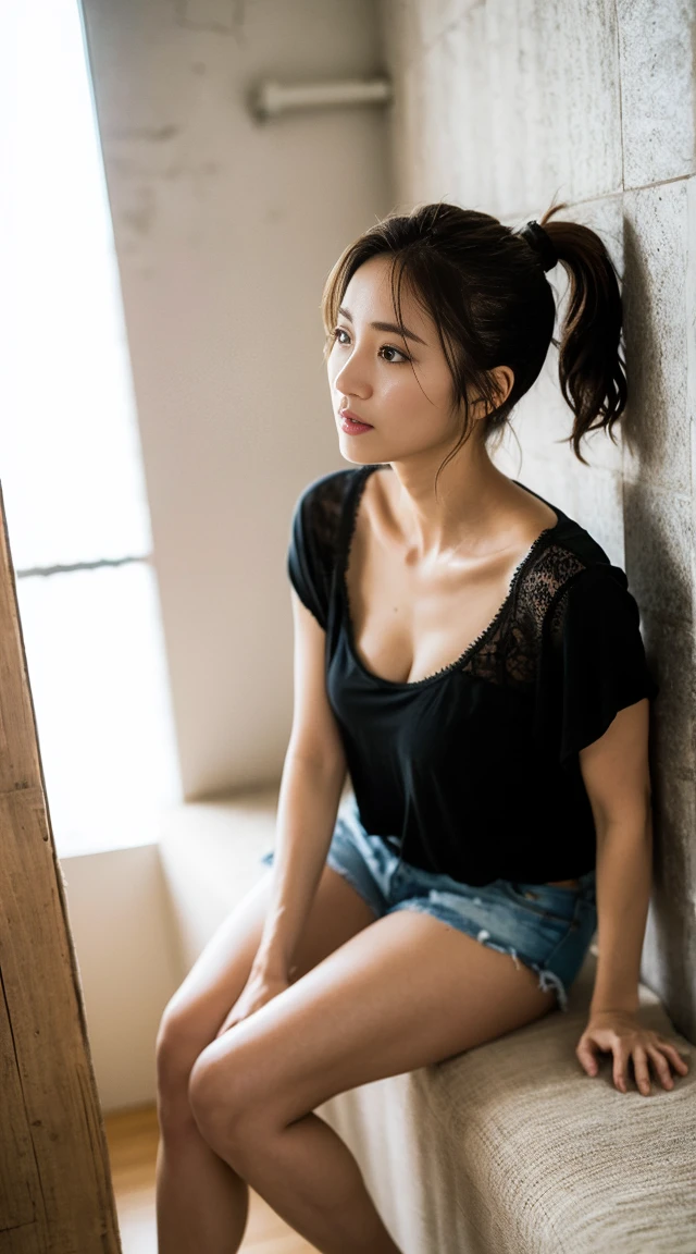 Dark brown hair、Light brown eyes、Japanese actress、 Lady、I am about 40 years old.........、(Intricate details:1.2)、 (Ultra-high resolution:1.2)、Ultra-high resolution、(Finely tuned)、(Detailed facial features)、Hmph、8K resolution、D cup size breasts、Long Hair、Bright terrace room with sunlight streaming in、Large windows、Extravagant space、relax、、,Full body photo、Head to toe shot、Beautiful feet、black Loose fit openwork T-shirt、Underwear shorts、Beautiful feet、Bright terrace room with sunlight streaming in、she, household items, (plant:0.8), Fashion Hub, Very detailed, Very detailed, Realistic, Hourglass Shaped Body, Obscene pose,、Messy Hair、Messy ponytail、Leaning against a wall、I cry a lot、tears、Skin is visible through the knit、White floor、White wall、A masterpiece of transparent painting、