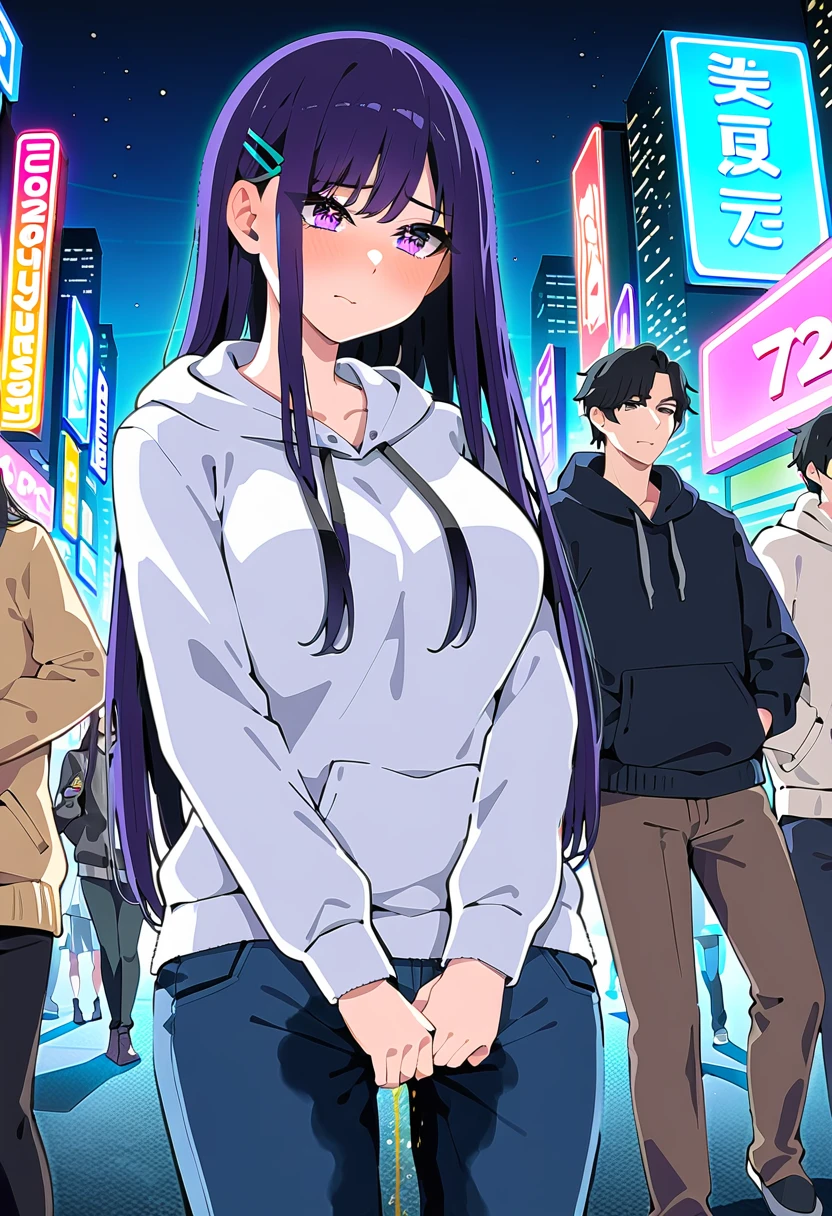 (masterpiece:1.37), best quality, (extremely detailed:1.37), (1girl:1.5), woman, (mature:1.5), (adult:1.5), large breasts, very long hair, (straight hair:1.5), (very dark purple hair:1.5), purple eyes, (extremely detailed eyes:1.37), hoodie, jeans, desperation, (wetting self:1.5), standing, embarrassed, humiliation, blushing, angry, city, futuristic, neon lighting, high-tech, street, skyscraper