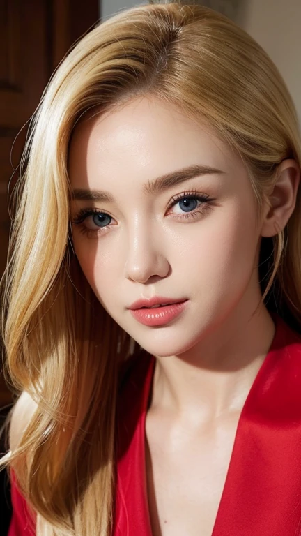 (facial portrait:1.2), a woman, red dress, blonde, lustful