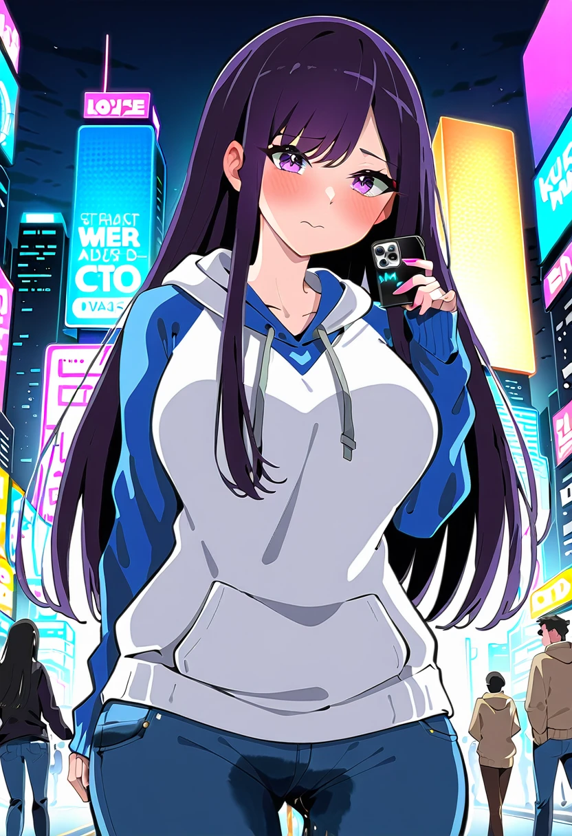 (masterpiece:1.37), best quality, (extremely detailed:1.37), woman, mature, adult, large breasts, very long hair, (straight hair:1.5), dark purple hair, purple eyes, (extremely detailed eyes:1.37), hoodie, jeans, desperation, (wetting: self 3.0), standing, embarrassed, humiliation, blushing, angry, city, futuristic, neon lighting, high-tech, street