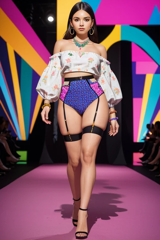 Overweight, best quality, masterpiece, Fashion with a piece of fabric that exposes almost the entire upper body, H-shaped skirt that reveals more than 10cm above the knees, High heels that are very flashy and have a heel of more than 7 cm., large, colorful necklace, large and colorful earrings, large and colorful bracelets, Stockings with colorful and unconventional colors and patterns, Underwear with flashy and unconventional colors, patterns and shapes
