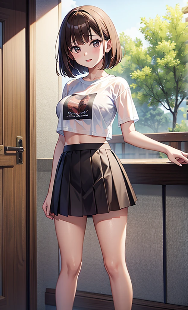 masterpiece, best quality, ultra detailed, ultra high resolution, very detailed face, solo, ((anime)), 22 years old japanese girl, (((t-shirt, croptop))), (((see-through skirt))), ((brown bob hair)), (((medium breast))), ((good mood)), standing in the room