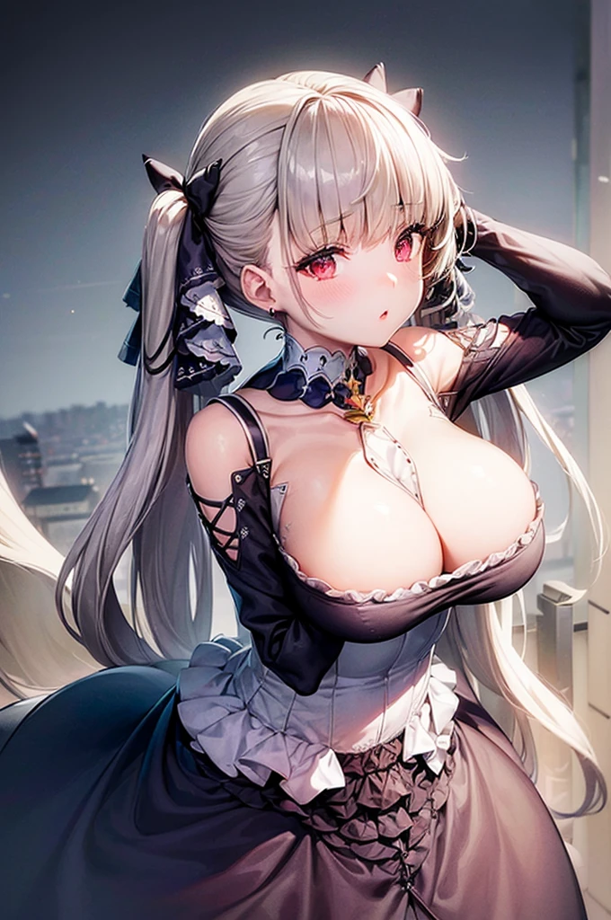 ((dress_default, terrific_default)):1.5,((独奏, 1girl)) ((masterpiece,Highest quality,Highly detailed images,Beautiful images、Realistic、Dutch Angle)), (Bright lighting overall、Backlight、A fantastic atmosphere、Thick Fog、Dust flutters),(Dynamic pose、Looking up、Beautiful cleavage、large breasts)1.2, ((Beautiful starry sky:1.5、Rooftop:1.2))((Lift your chest with your arms))、Black sleeves
