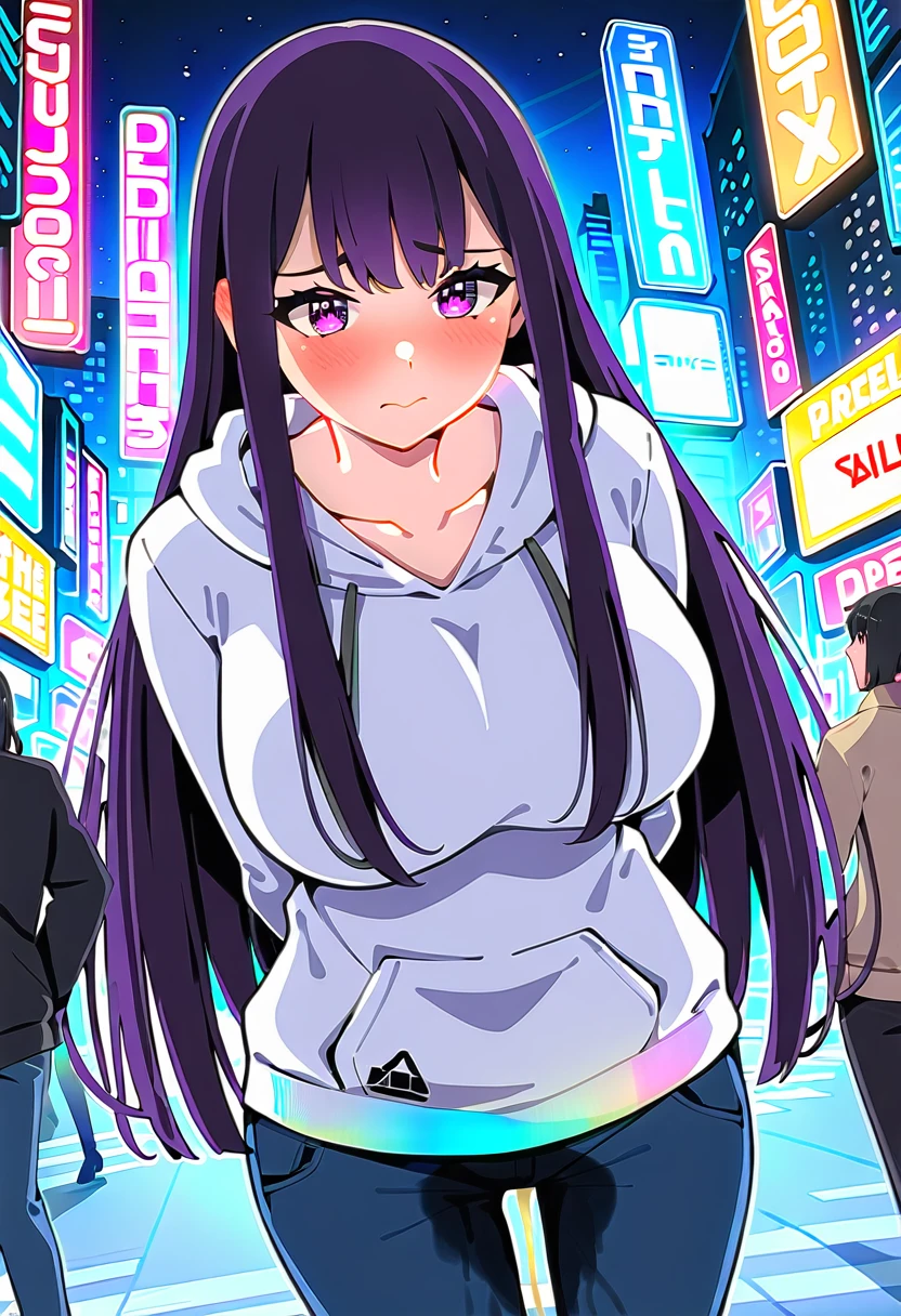(masterpiece:1.37), best quality, (extremely detailed:1.37), woman, mature, adult, large breasts, very long hair, (straight hair:1.5), dark purple hair, purple eyes, (extremely detailed eyes:1.37), hoodie, jeans, desperation, (wetting: self 3.0), standing, embarrassed, humiliation, blushing, angry, city, futuristic, neon lighting, high-tech, street
